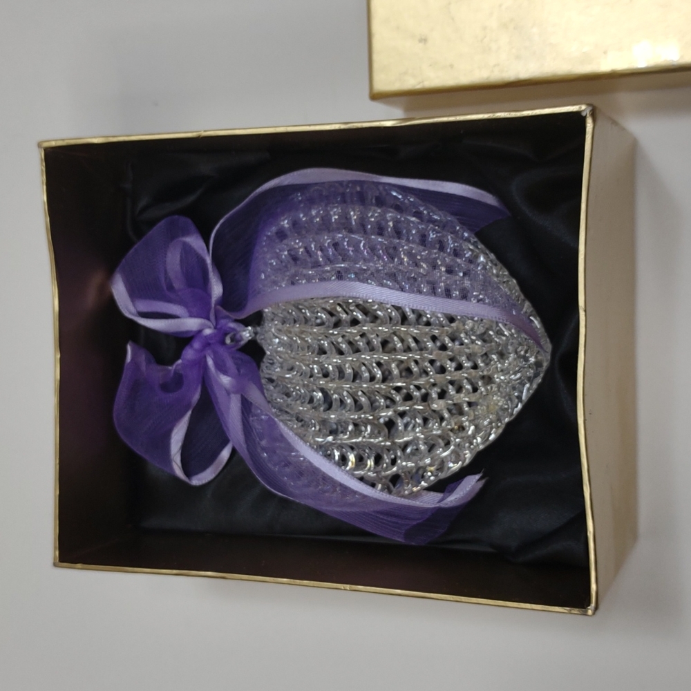 Heart Spun Glass Puffed Hanging Heart Satin Holiday Lavender Purple Bow Gift Box